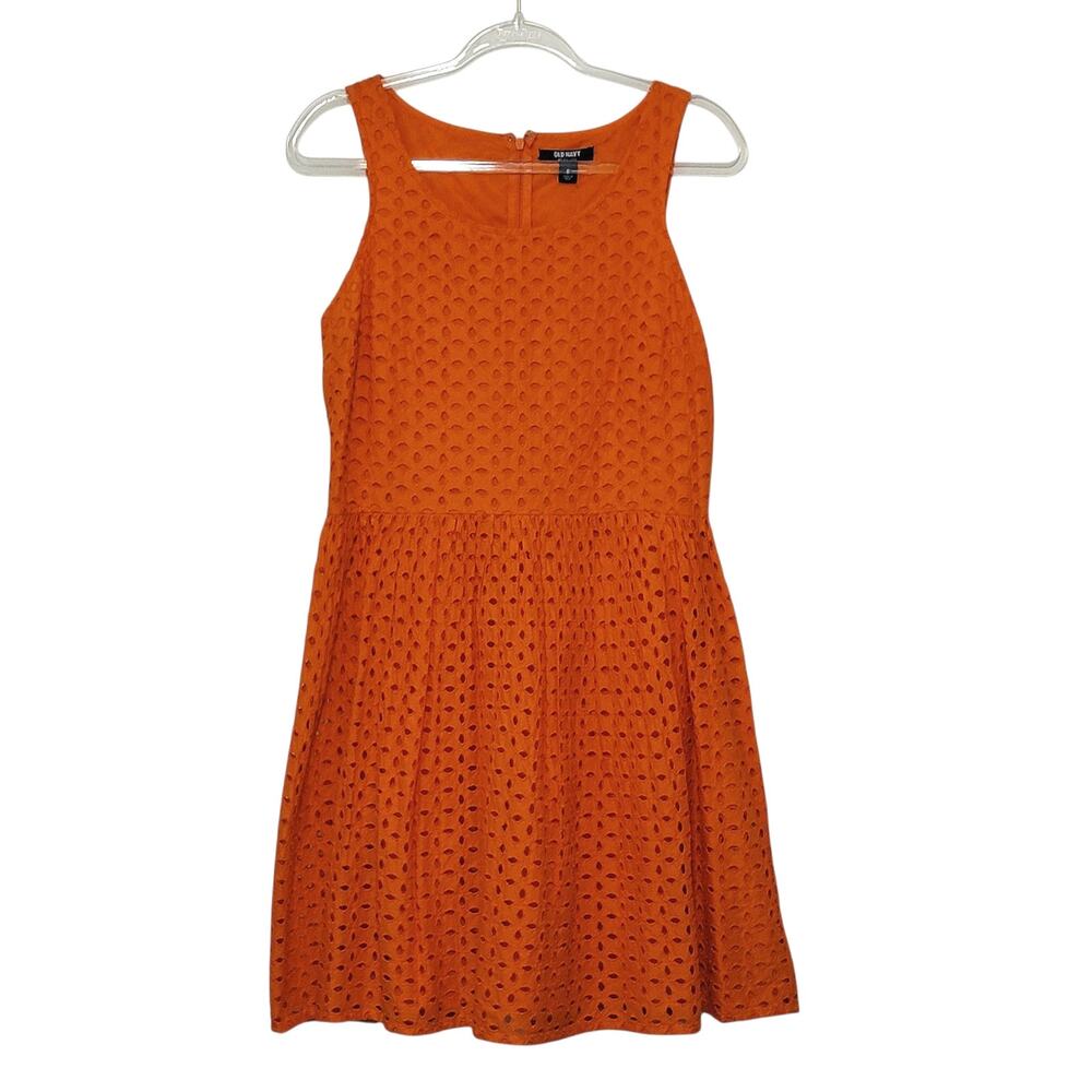 Old Navy Orange Fit and Flare Eyelet Mini Dress Sleeveless Casual Feminine 8
